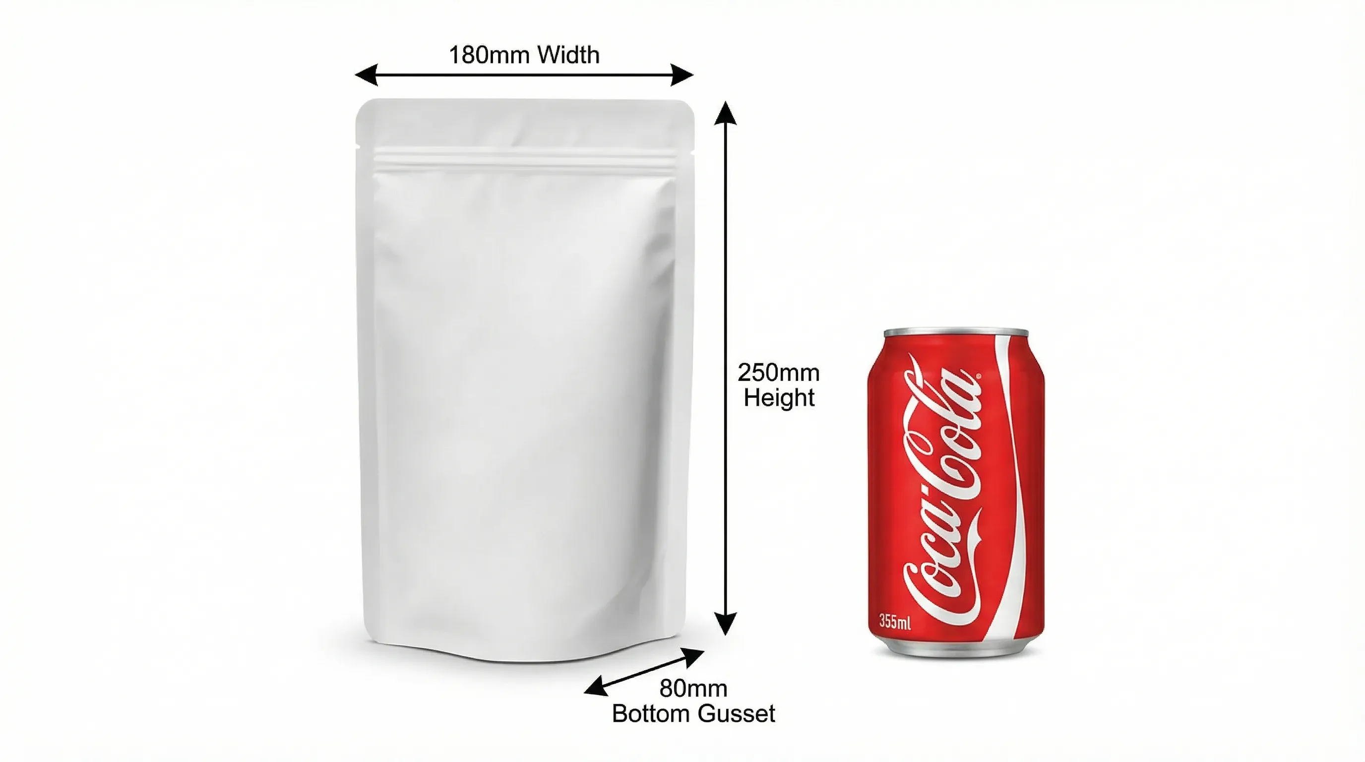 Stand-up pouch size L compared to cola can