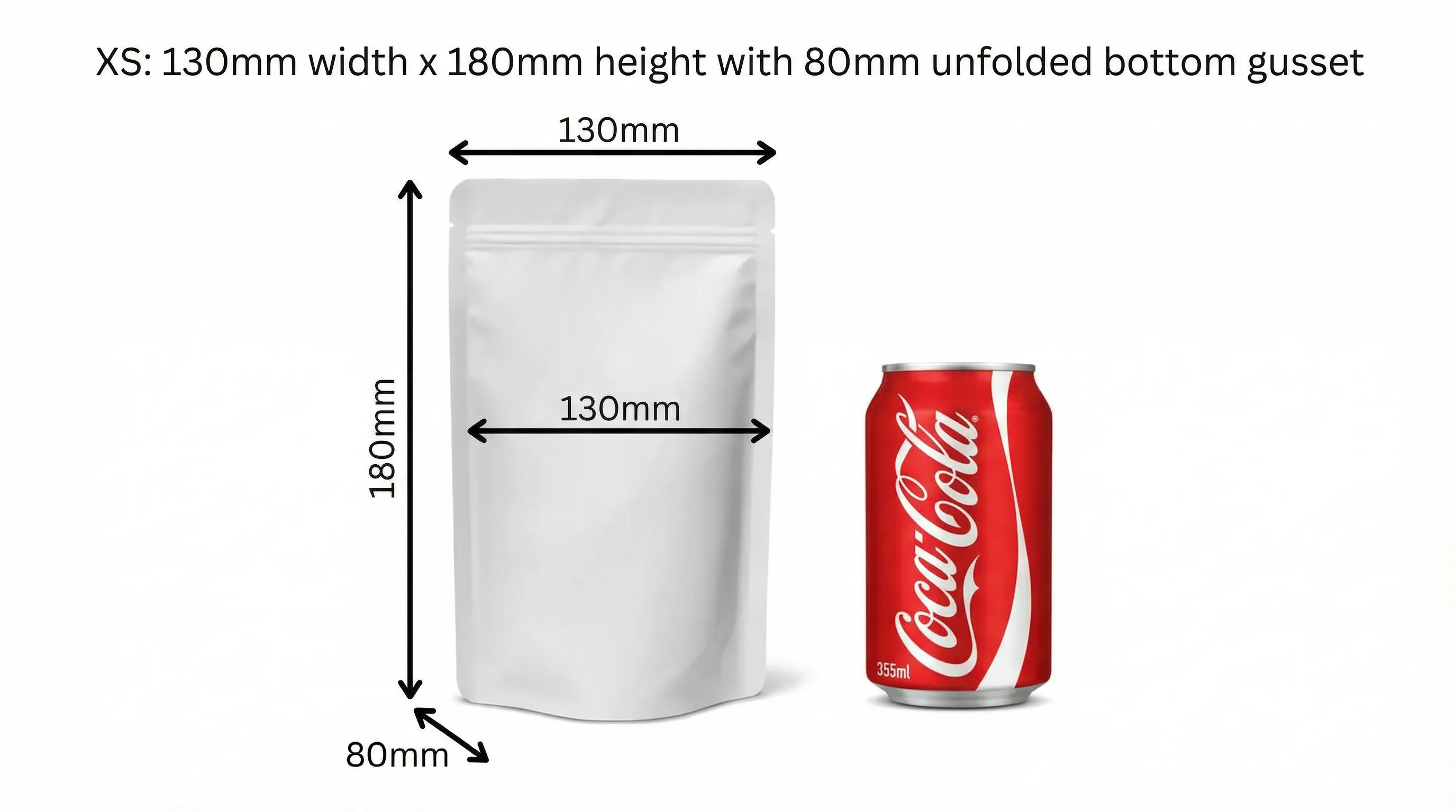 Stand-up pouch size XS compared to cola can
