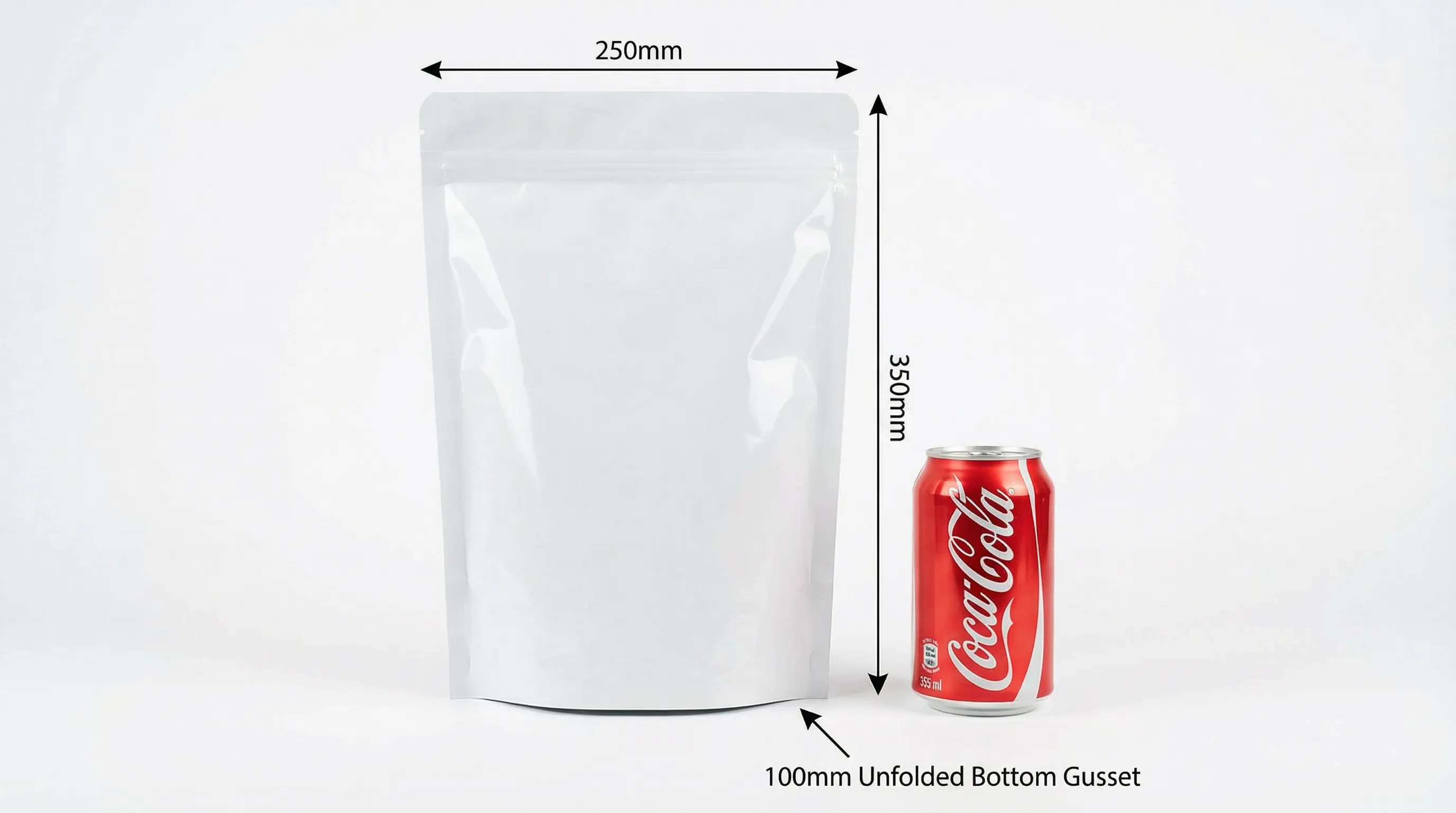 Stand-up pouch size XXL compared to cola can